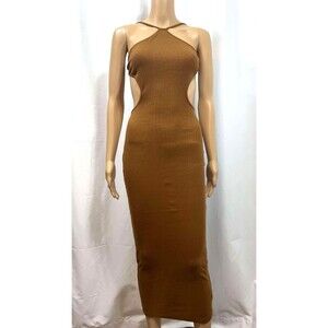 Lufeng Brown Ribbed Halter Maxi Dress Cut Out Bodycon Backless Slay Size S